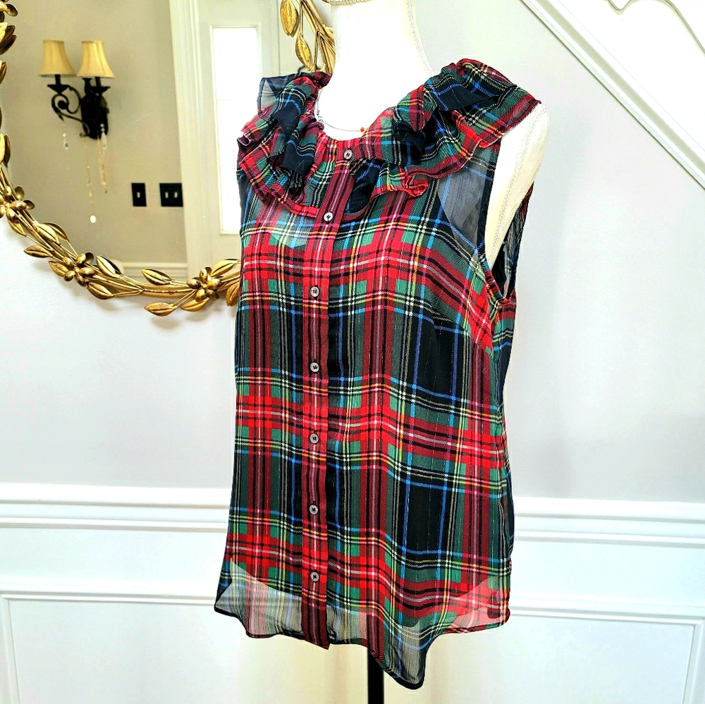 New! J Crew sz M Medium Ruffle-collar Black Red Tartan Plaid Blouse Top NWT